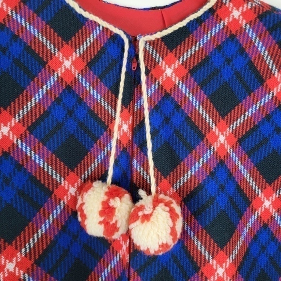 Vintage plaid poncho jacket cape fringe tassels lined warm winter zip-up - Picture 5 of 12